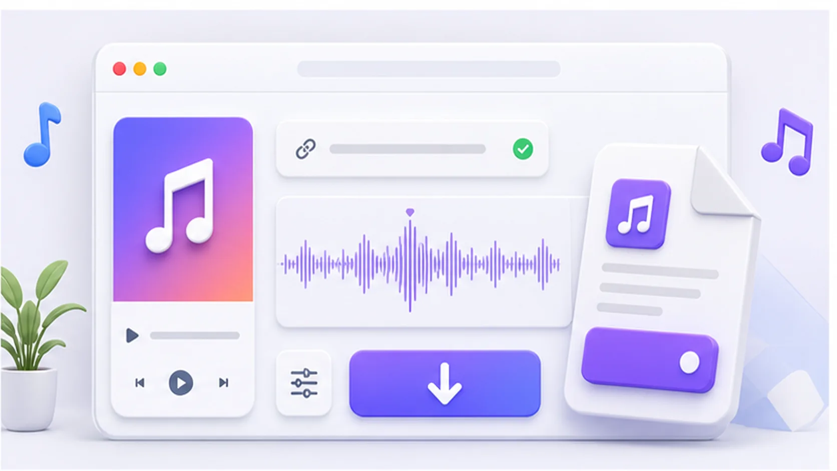 Ilustração de um downloader de MP3 do TikTok com opções de áudio