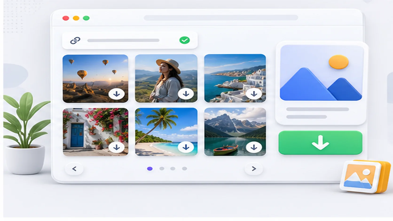 Ilustração de um downloader de fotos do TikTok com cartões de imagem