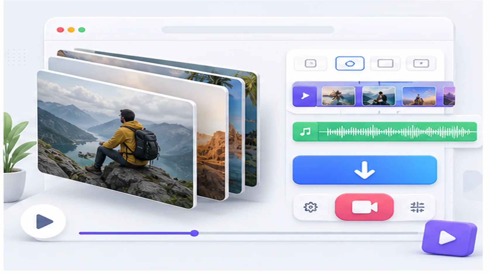 Ilustração de um downloader de slideshow do TikTok com fotos e áudio