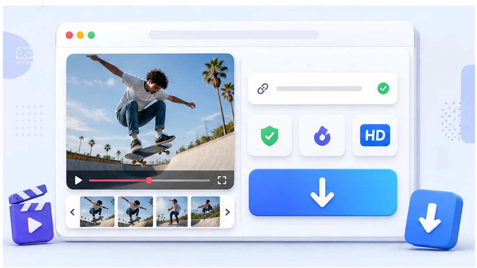 Ilustração para baixar vídeo do TikTok sem marca d'água com opções em HD